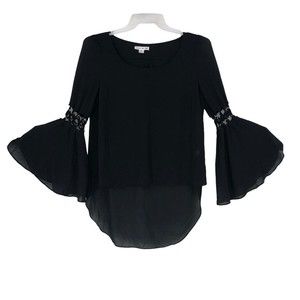 Double Zero Sheer Black Fancy Bell Sleeve Top with Hi/Lo Hem sz M Sexy Tunic